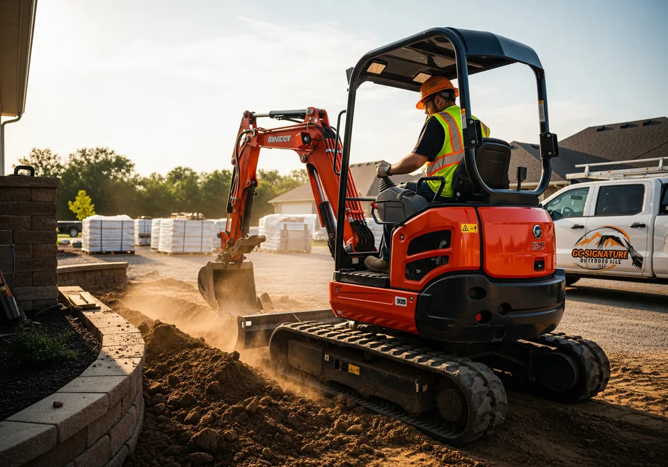 GC Signature Outdoors crew operating a compact excavator on a residential job site in northwest Missouri