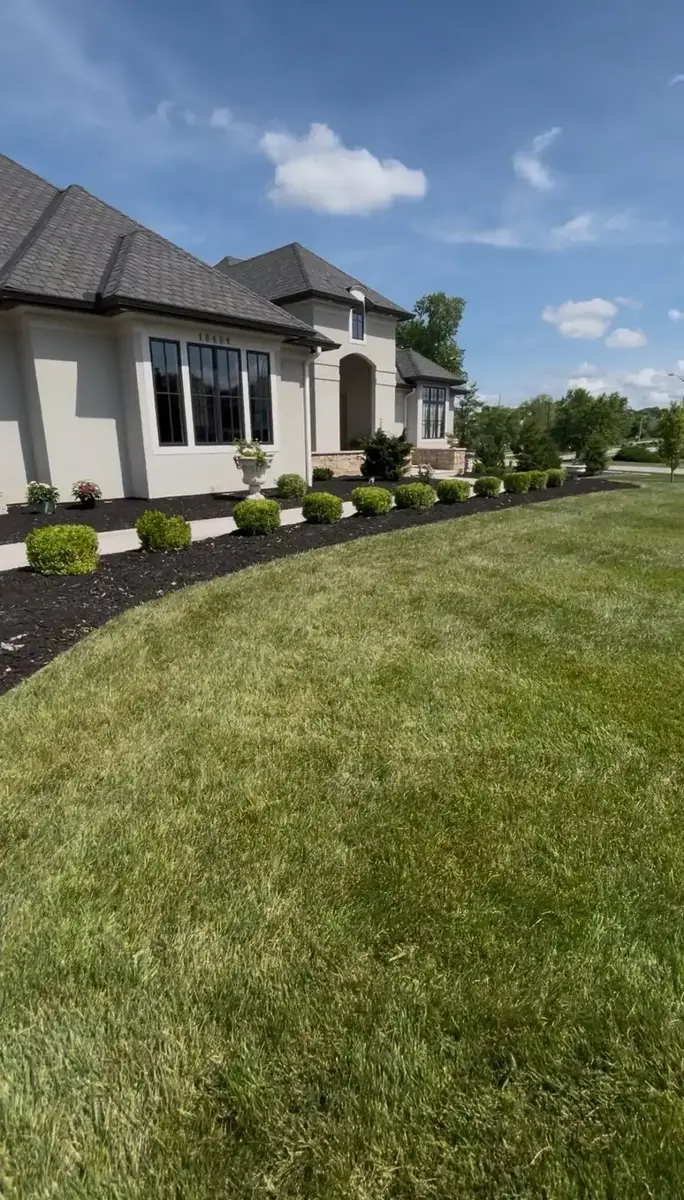 Manicured front yard with trimmed shrubs and fresh mulch beds — landscape design in Smithville MO